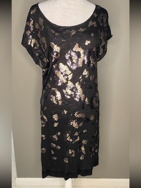 Hale Bob Serengeti Black Sequin Jersey Knit Shift Dress Satin Trim - Size S